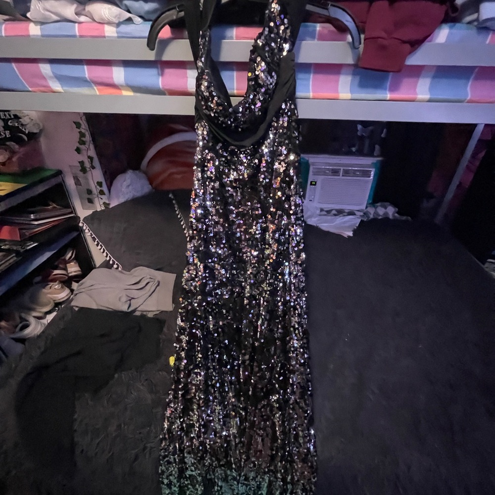 long black and silver sparkly dress